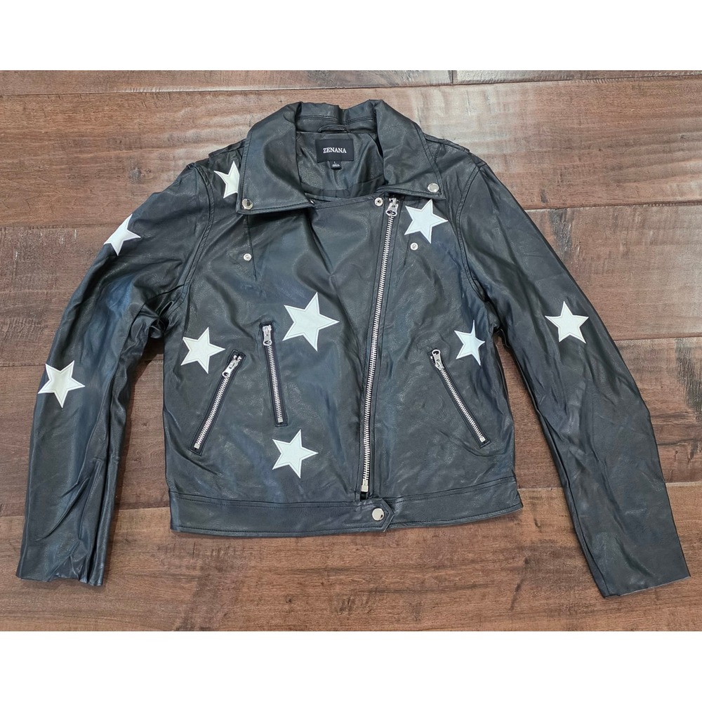 Biker Rockstar Streetwear Black Vegan Leather Star Print Moto Jacket L Zippers